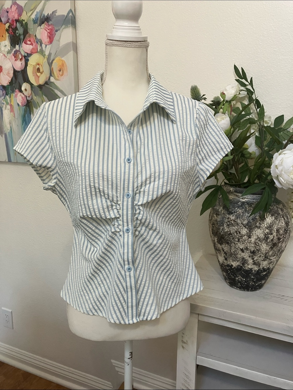 Y2k Forever 21 Light Blue and White Striped Button-Down Cap Sleeve Shirt